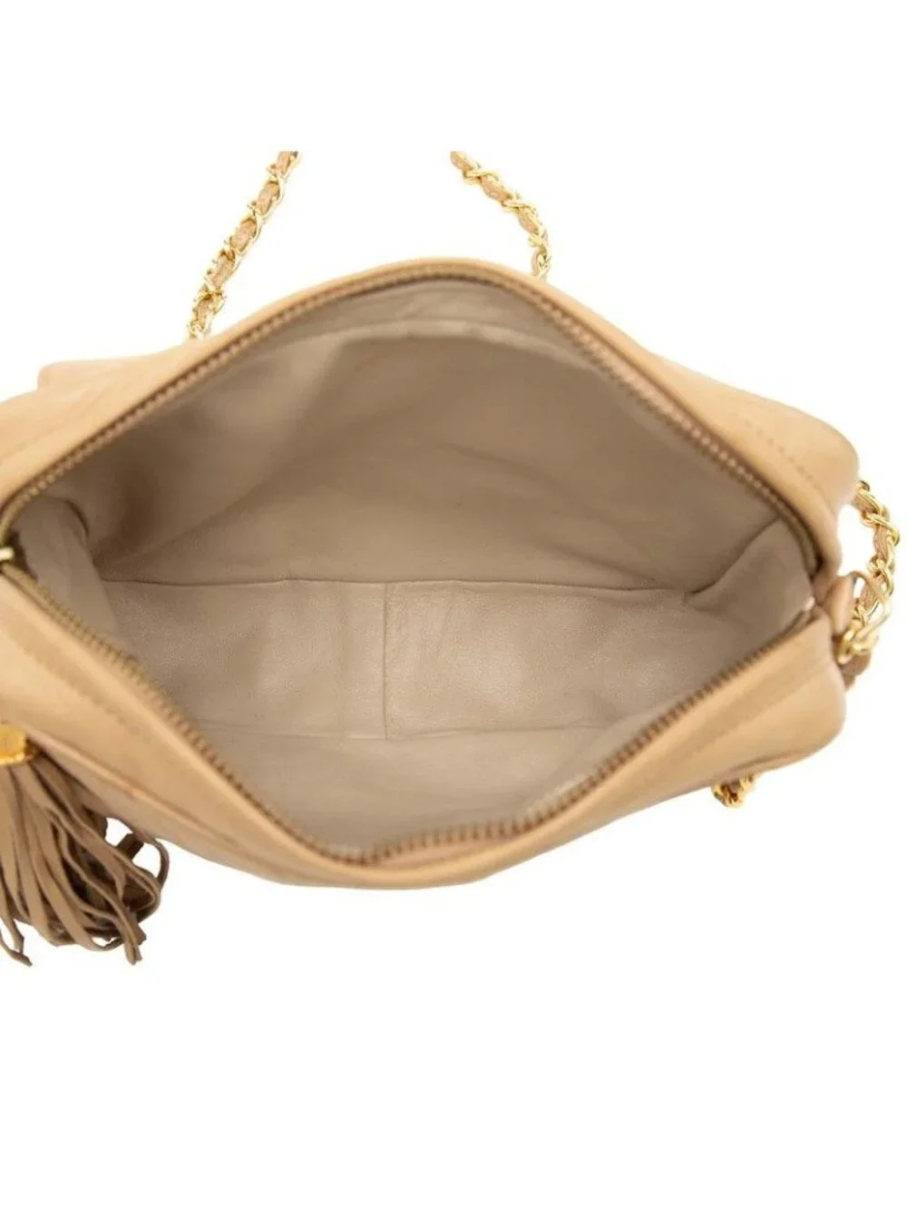 Chanel Quilted CC Logo Fringe Chain Shoulder Bag Crossbody Beige Lambskin